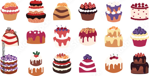 Vector set of sweet cakes, delicious cupcakes, and cream desserts with berries and fruits, isolated on white background for bakery cafe menu