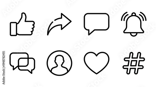 Set of eight minimalist social media icons in black outline: like, share, comment, notifications, chat, user profile, heart, and hashtag, symbolizing engagement, interaction, and digital communication