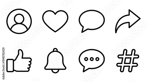 Set of eight minimalist social media icons in black outline: like, share, comment, notifications, chat, user profile, heart, and hashtag, symbolizing engagement, interaction, and digital communication