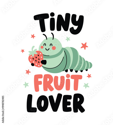 A cute cartoon illustration of a happy green caterpillar holding a small red strawberry fruit