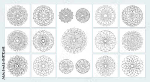 Collection of intricate circular mandala designs in black and white.