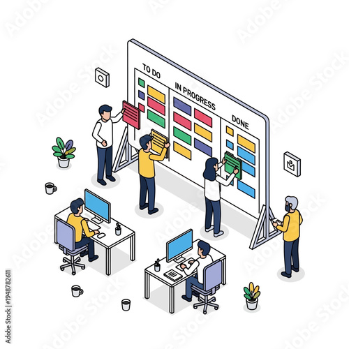 Isometric view of a team collaborating on a project using a Kanban board.