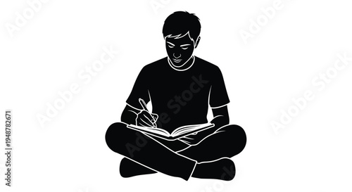 Silhouette illustration of a young person sitting comfortably cross-legged, engaged in thoughtful writing in an open book.