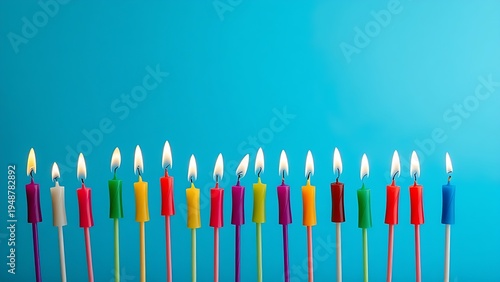 Vibrant candles glowing against a blue backdrop, creating a festive and celebratory atmosphere.