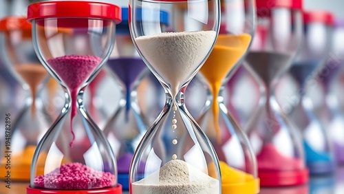 Colorful overlapping hourglasses with upward-flowing sand, depicting the unique perception of time in ADHD.