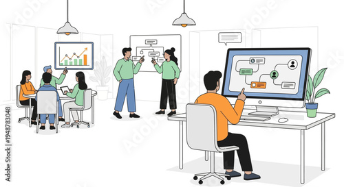 Team collaborating on a business project with a computer diagram.