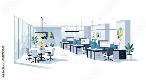 Modern Office Interior with Desks and Chairs.