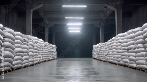 Warehouse with bags of cement stored on pallets under bright lights for promotional use