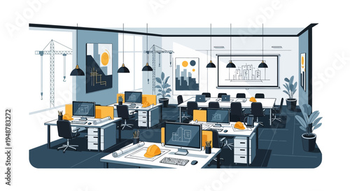 Modern Office Interior with Employees Working at Desks.