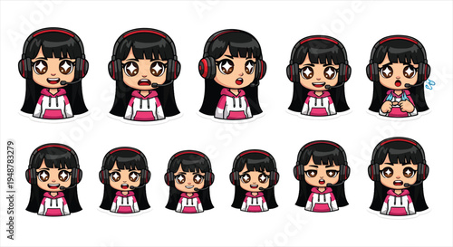 Cute Gamer Girl Character Emote Sticker Set, Cartoon Gaming Avatar Emoji Pack, Streaming Reaction Icons for Twitch Discord Vector