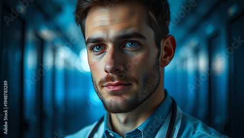 A technical specialist focuses intently with soft blue server room lighting.