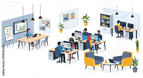 Modern office interior with people working and collaborating.