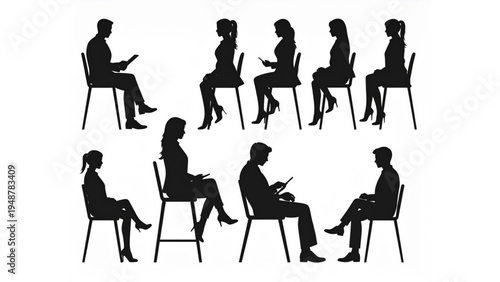 Business People Sitting on Stools Silhouette Set Interview Candidates Waiting Vector Illustration