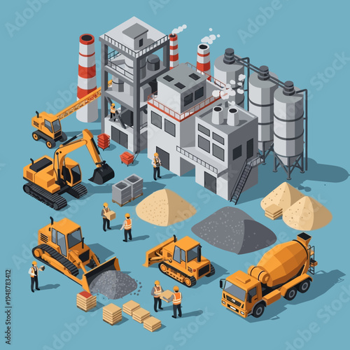 Isometric illustration of a cement factory with various construction vehicles and materials.