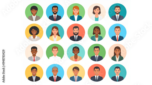 Business People Avatar Set with Men and Women Professional Portraits in Circle Frame Vector Illustration