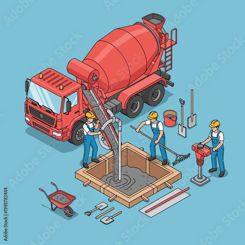 Isometric illustration of a concrete mixer truck pouring cement into a construction site.