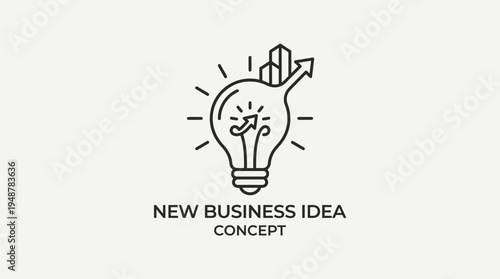 Minimalist illustration of light bulb with dollar sign, bar chart, upward arrow, radiating lines, caption “NEW BUSINESS IDEA CONCEPT,” symbolizing innovation, entrepreneurship, and financial growth.