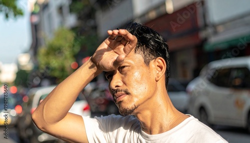 A man shielding his eyes from the sun on a city street, appearing hot and sweaty 