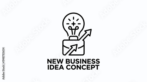 Minimalist illustration of light bulb with dollar sign, bar chart, upward arrow, radiating lines, caption “NEW BUSINESS IDEA CONCEPT,” symbolizing innovation, entrepreneurship, and financial growth.