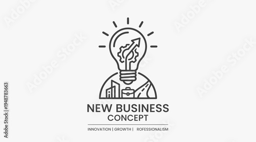 Minimalist illustration of light bulb with dollar sign, bar chart, upward arrow, radiating lines, caption “NEW BUSINESS IDEA CONCEPT,” symbolizing innovation, entrepreneurship, and financial growth.