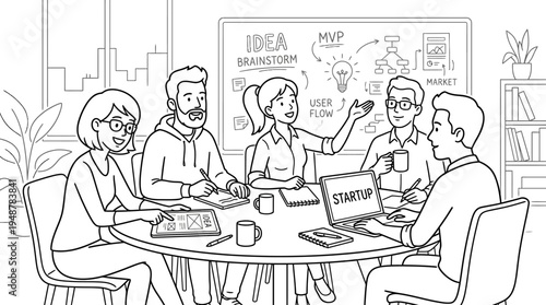 Team brainstorming session in modern office, six professionals around table with laptops and notebooks, presenter pointing to whiteboard flowchart “NEW PRODUCT IDEA: NEXT PLAN,” collaboration and stra