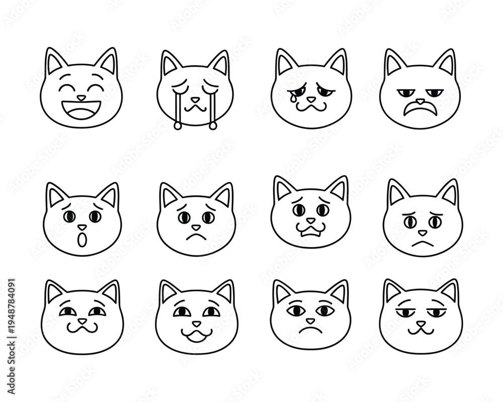Fototapeta premium A collection of twelve simple black and white line art cat faces showing various human emotions