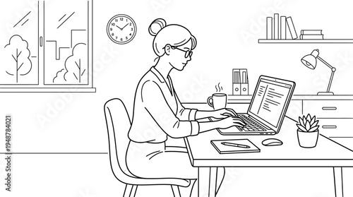 Focused professional in office working on laptop with charts, graphs, documents, coffee, smartphone, plants, bookshelf, cityscape view, organized workspace symbolizing productivity and data analysis.