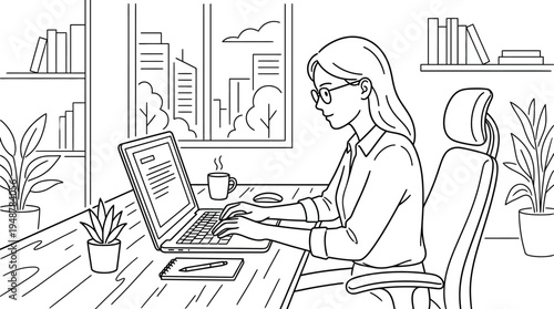 Focused professional in office working on laptop with charts, graphs, documents, coffee, smartphone, plants, bookshelf, cityscape view, organized workspace symbolizing productivity and data analysis.