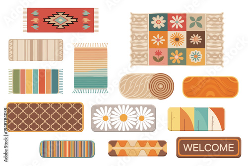 Color textile mats vector set, featuring wool interior fabrics, cozy doormats, fluffy patterned carpets, and ethnic and contemporary home textile elements in cartoon flat style.