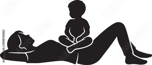 Mother Lying Down with Child Sitting on Stomach Minimal Vector Silhouette Family Illustration