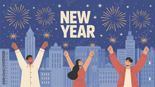 Diverse people celebrate new year's eve with fireworks in a cityscape at night joyful and festive atmosphere