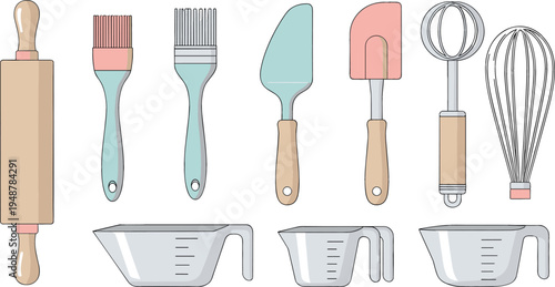 Set of Baking Tools Including Rolling Pin, Measuring Cups, Whisk, and Spatulas for Cooking and Baking Illustration