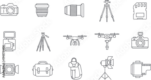 Photography icons: camera, lens, tripod, drone, flash, bag, light, film - line art, movie making, camera accessory, memory card, flat design