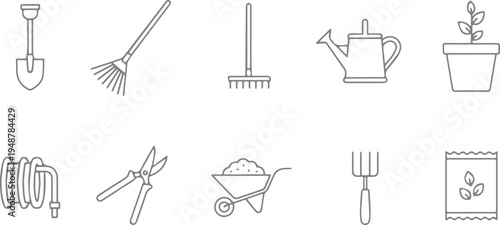 Gardening tool icon set, shovel, rake, watering can, pruners, wheelbarrow, hose, plant pot, seed bag, yard work, green thumb, line art, black and white, graphic resources