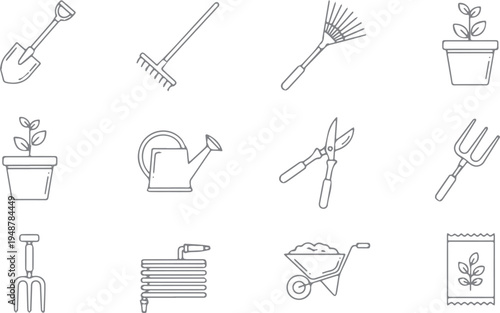 Gardening and planting icon set, shovel, rake, watering can, wheelbarrow, seeds, plant pot, yard work, line art, black and white, graphic resources