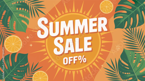 Vibrant summer sale advertisement with tropical leaves and sun on orange background perfect for marketing promotions and discounts