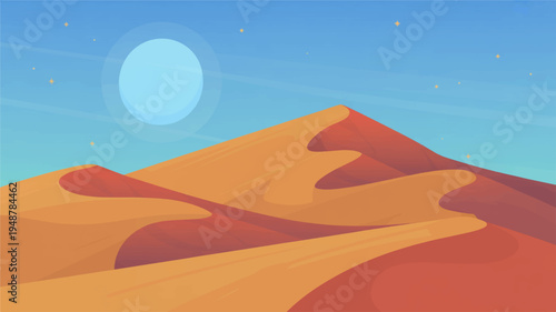 Vibrant desert landscape with orange sand dunes under a bright full moon and clear blue night sky