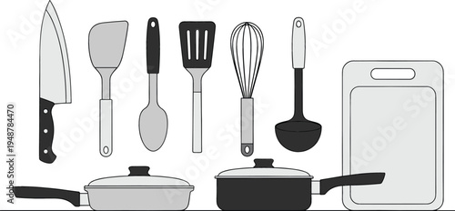 Modern kitchenware and cooking tool set featuring chef knife spatula whisk ladle frying pan pot and cutting board in minimalist flat design vector illustration for culinary branding and recipes.