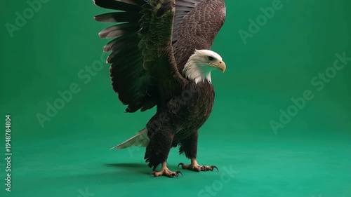 Majestic bald eagle standing with wings spread on a green screen background ready for various visual effects and editing tasks
