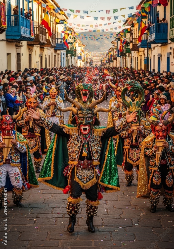 Naklejka premium Man wearing diablada costume and mask celebrating traditional festival in city street. Dancer performing folk dance with horn headgear during carnival parade. Culture and heritage.