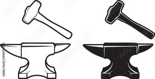 Blacksmith anvil and hammer silhouette & outline set isolated on transparent background