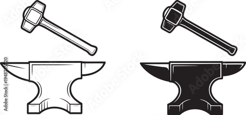 Blacksmith anvil and hammer silhouette & outline set isolated on transparent background
