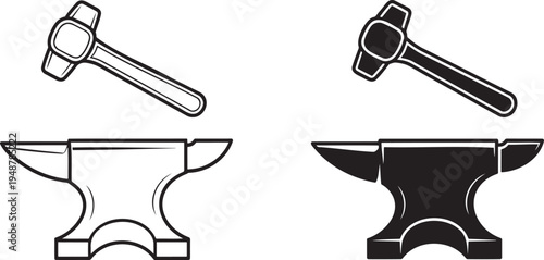 Blacksmith anvil and hammer silhouette & outline set isolated on transparent background