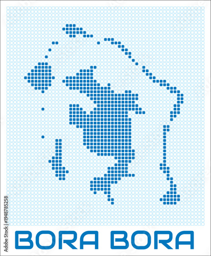 Bora Bora digital style map with blue rounded rectangle dots. French Polynesia. Dotted shape of the island. Blue colored map and title on white background. Modern Vector Illustration.