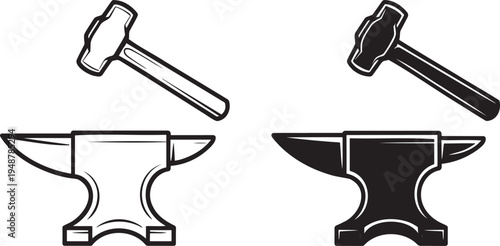 Blacksmith anvil and hammer silhouette & outline set isolated on transparent background