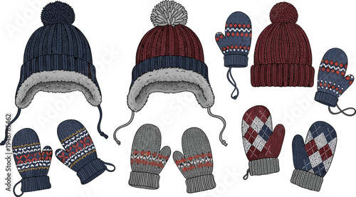 Festive Christmas winter apparel collection featuring cozy knit beanies with reindeer antlers and snowman faces colorful striped mittens and warm scarves for holiday season celebration and fashion.