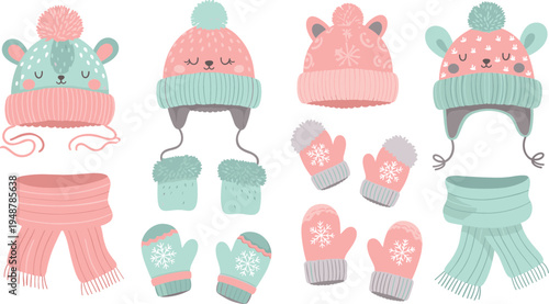 Cute winter clothing set for kids featuring animal themed knit hats with pompons matching scarves and mittens with snowflake patterns vector illustration for seasonal cold weather fashion.