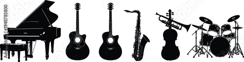 Musical instrument silhouettes, piano, acoustic guitar, violin, saxophone, trumpet, drum set, orchestra, jazz, classical, band, performance, music collection