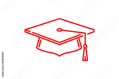 Red outline illustration of a graduation cap with a tassel, symbolizing education and academic achievement.