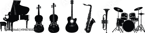 Musical instrument silhouettes, piano, cello, violin, acoustic guitar, saxophone, trumpet, drum set, orchestra, jazz, classical, band, performance, music collection